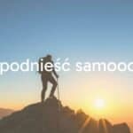 A person climbing a mountain at sunrise, symbolizing personal growth and confidence, uplifting and motivational mood, realistic style.