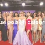 Group of stylish Polish female celebrities, red carpet event, glamorous dresses, confident poses, bright lights, elegant atmosphere, realistic.