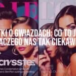 Gossip magazine cover with celebrity photos, dramatic headlines, paparazzi camera flashes, vibrant colors, pop art style.