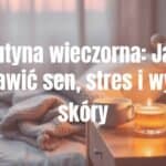 A serene evening routine scene with soft lighting, warm tea, a cozy blanket, and skincare products on a wooden nightstand, peaceful and relaxing atmosphere, realistic.