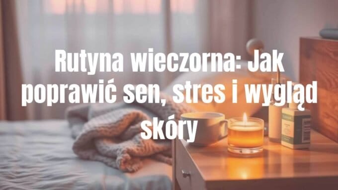 A serene evening routine scene with soft lighting, warm tea, a cozy blanket, and skincare products on a wooden nightstand, peaceful and relaxing atmosphere, realistic.