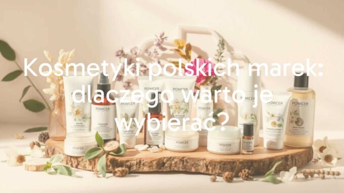 Elegant display of Polish cosmetics with natural ingredients, botanical elements, and eco-friendly packaging, soft lighting, realistic.