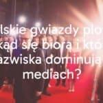 Polish celebrities surrounded by paparazzi flashlights, red carpet event backdrop, mix of actors, musicians, and athletes, tabloid magazine style, lively and dramatic.