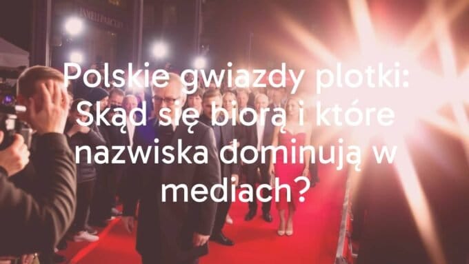 Polish celebrities surrounded by paparazzi flashlights, red carpet event backdrop, mix of actors, musicians, and athletes, tabloid magazine style, lively and dramatic.