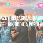 Trendy Instagram influencers on smartphones, modern city background, vibrant colors, social media icons floating, realistic style.