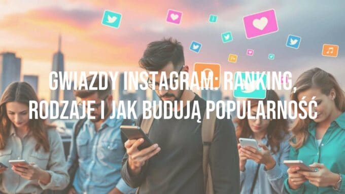 Trendy Instagram influencers on smartphones, modern city background, vibrant colors, social media icons floating, realistic style.