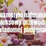 Natural cosmetics arrangement with plant extracts, flowers, and glass bottles, soft sunlight, fresh and organic vibe, illustrative.