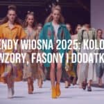 Fashion runway with models wearing trendy spring 2025 outfits, vibrant colors, nostalgic patterns, futuristic designs, eco-friendly materials, realistic style.