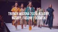 Fashion runway with models wearing trendy spring 2025 outfits, vibrant colors, nostalgic patterns, futuristic designs, eco-friendly materials, realistic style.