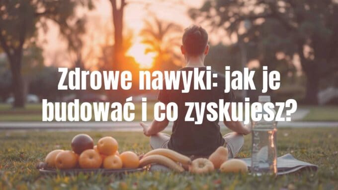 A person meditating in a peaceful park at sunrise, surrounded by fresh fruits and a water bottle, healthy lifestyle, serene atmosphere, realistic.